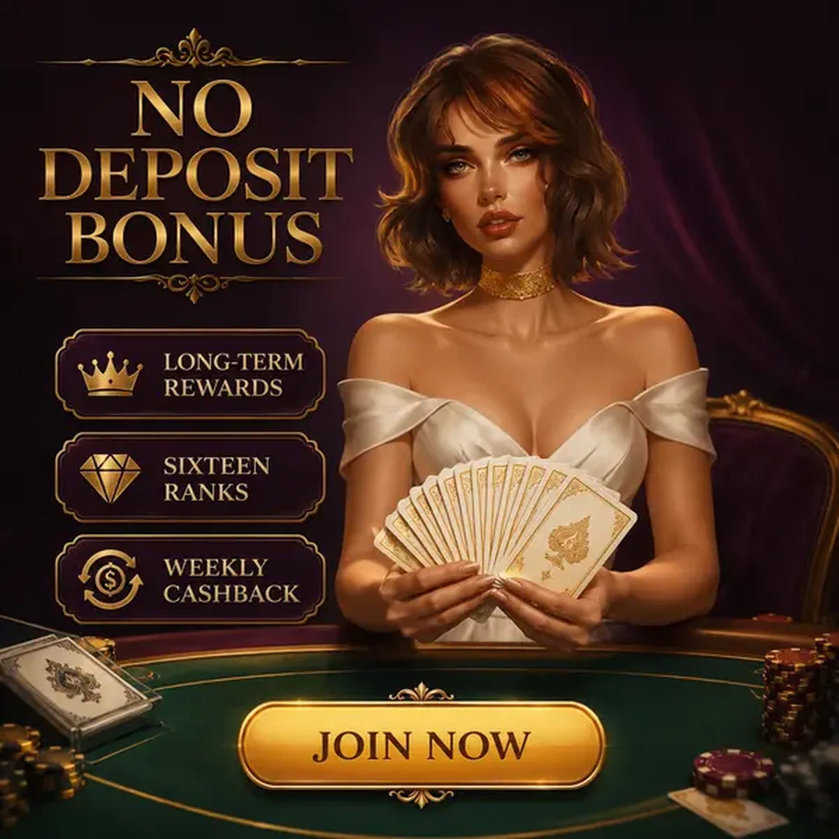 Elegante Kartenduchess präsentiert No-Deposit-Bonus-Deck in Vipzinos exklusivem VIP-Salon