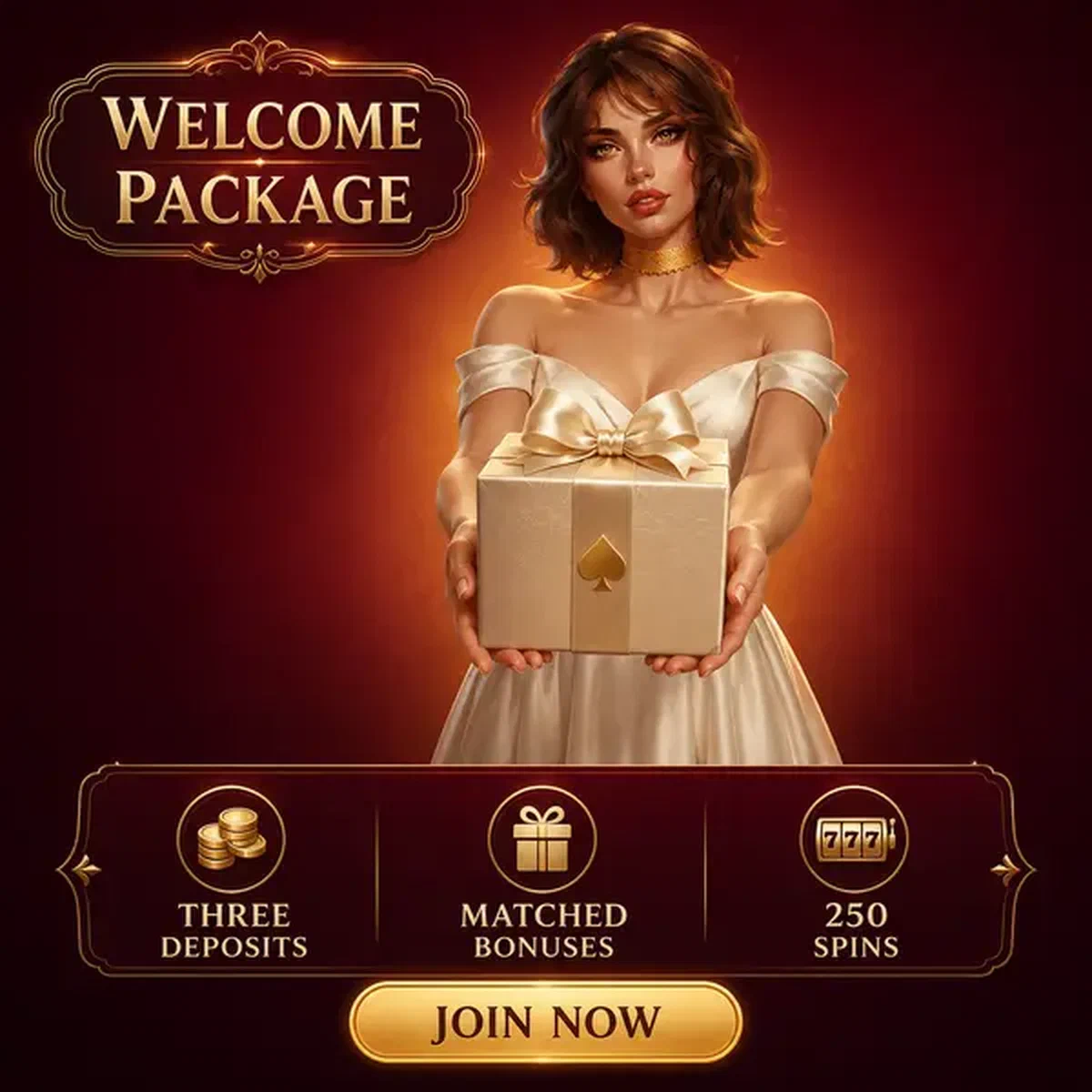 Elegante Frau präsentiert Willkommenspaket-Geschenkbox, während neuer Spieler Premium-Casino beitritt