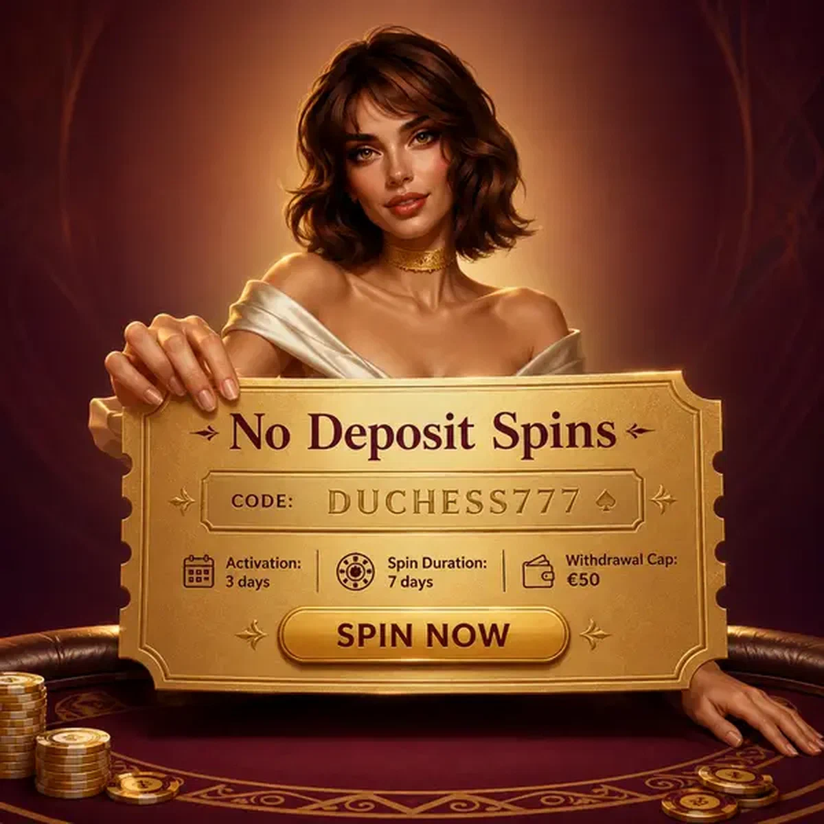 Kartenduchess präsentiert goldenen No-Deposit-Bonus-Gutschein am eleganten Vipzino-Spieltisch
