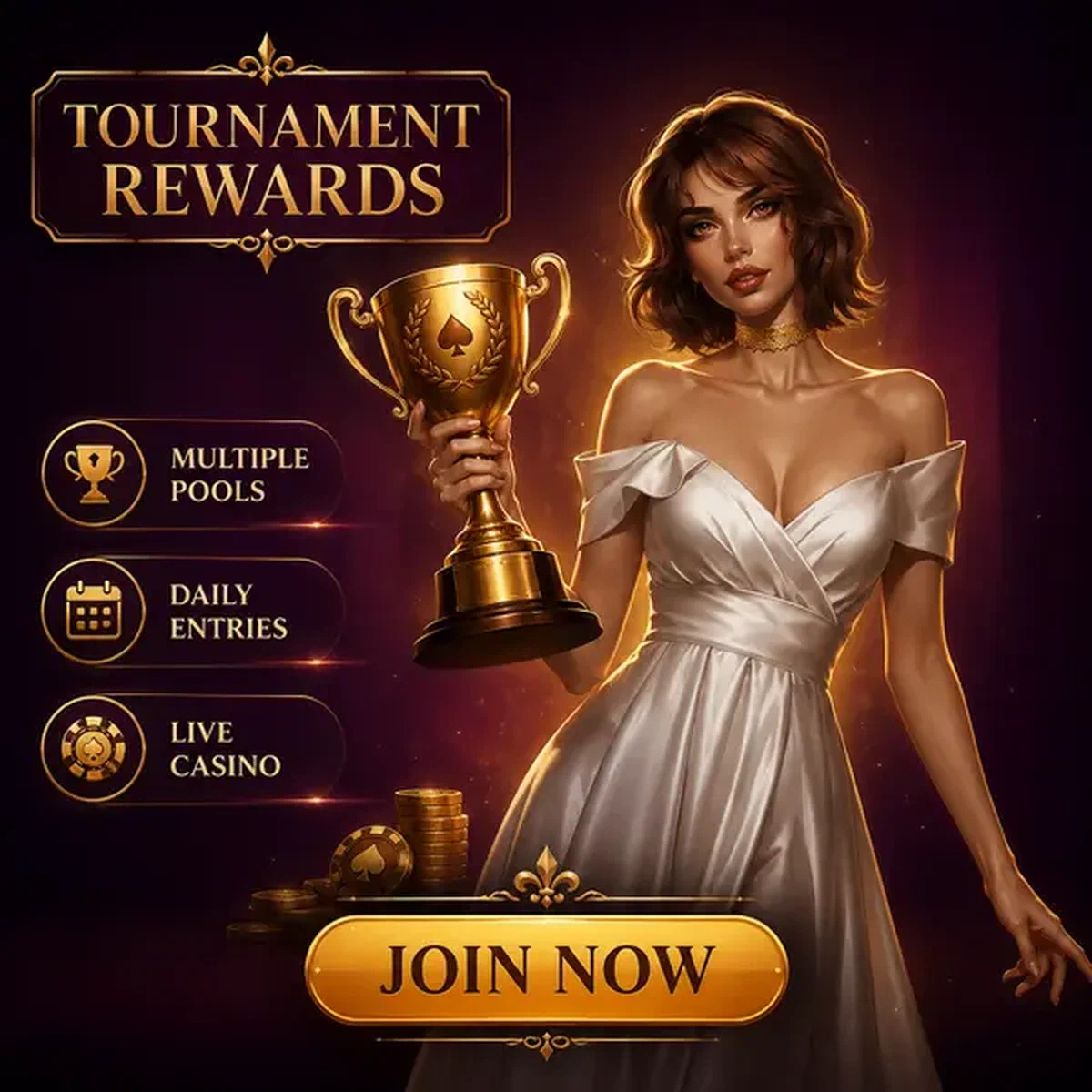 Card Duchess hält goldene Trophäe bei Tournament and Leaderboard Spin Rewards und feiert Freispiele-Sieg