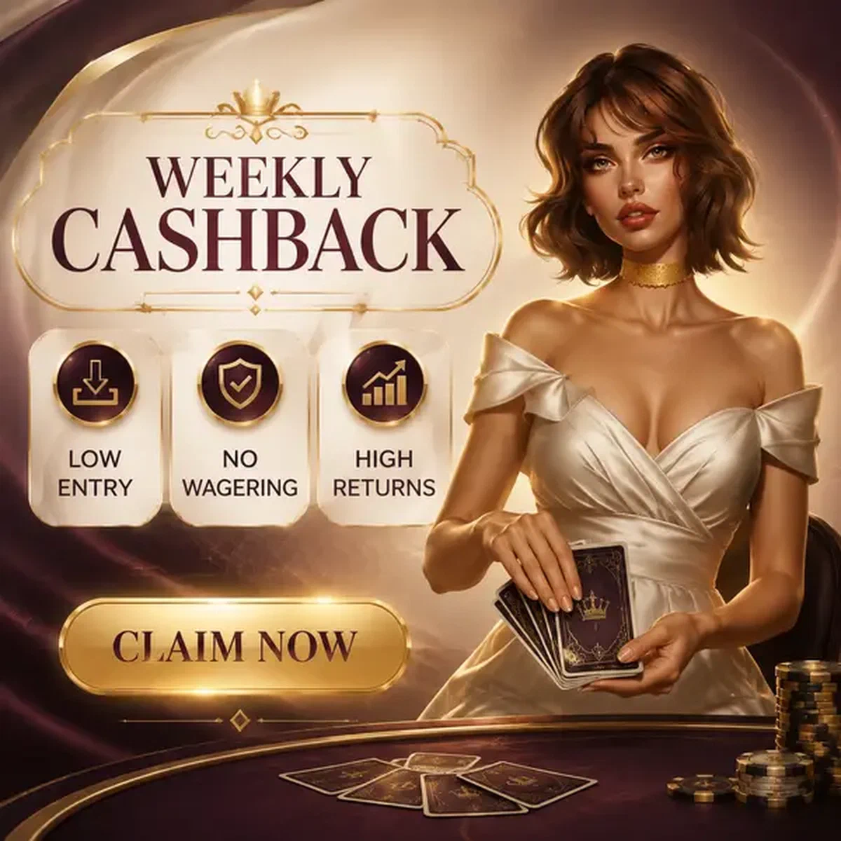 Die Kartenduchess handhabt elegant Karten am Weekly Cashback Rhythm Bonustisch