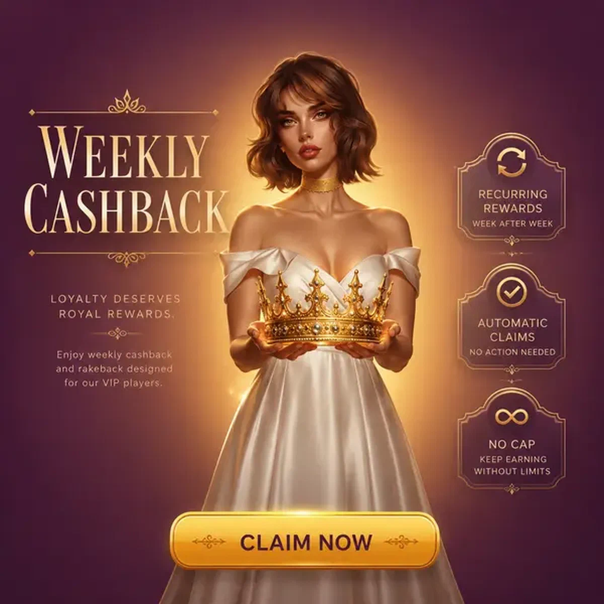 Die Card Duchess präsentiert goldene Krone für wöchentliche Cashback-Ansprüche im eleganten Casino