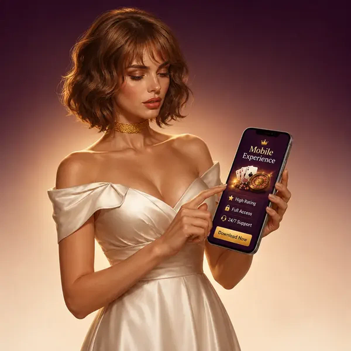 Elegante Frau verwendet Vipzino Mobile Experience App mit leuchtendem Casino-Interface auf dem Bildschirm